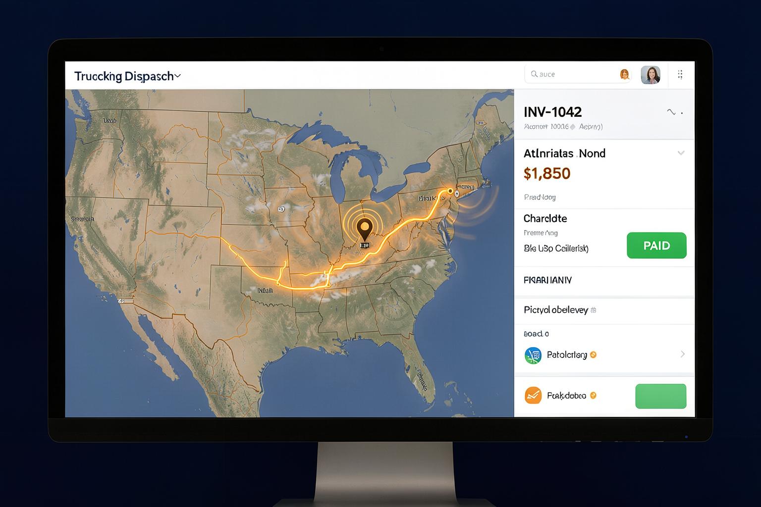 Command Route dispatch dashboard showing live GPS truck tracking, a weather radar layer and an auto-generated paid invoice